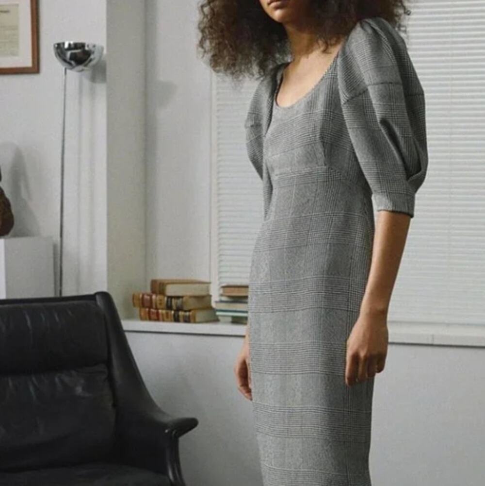 KHAITE Beatrice Midi Dress Puff Sleeve Sculptural Houndstooth Sz 2 $1,420 {A50}